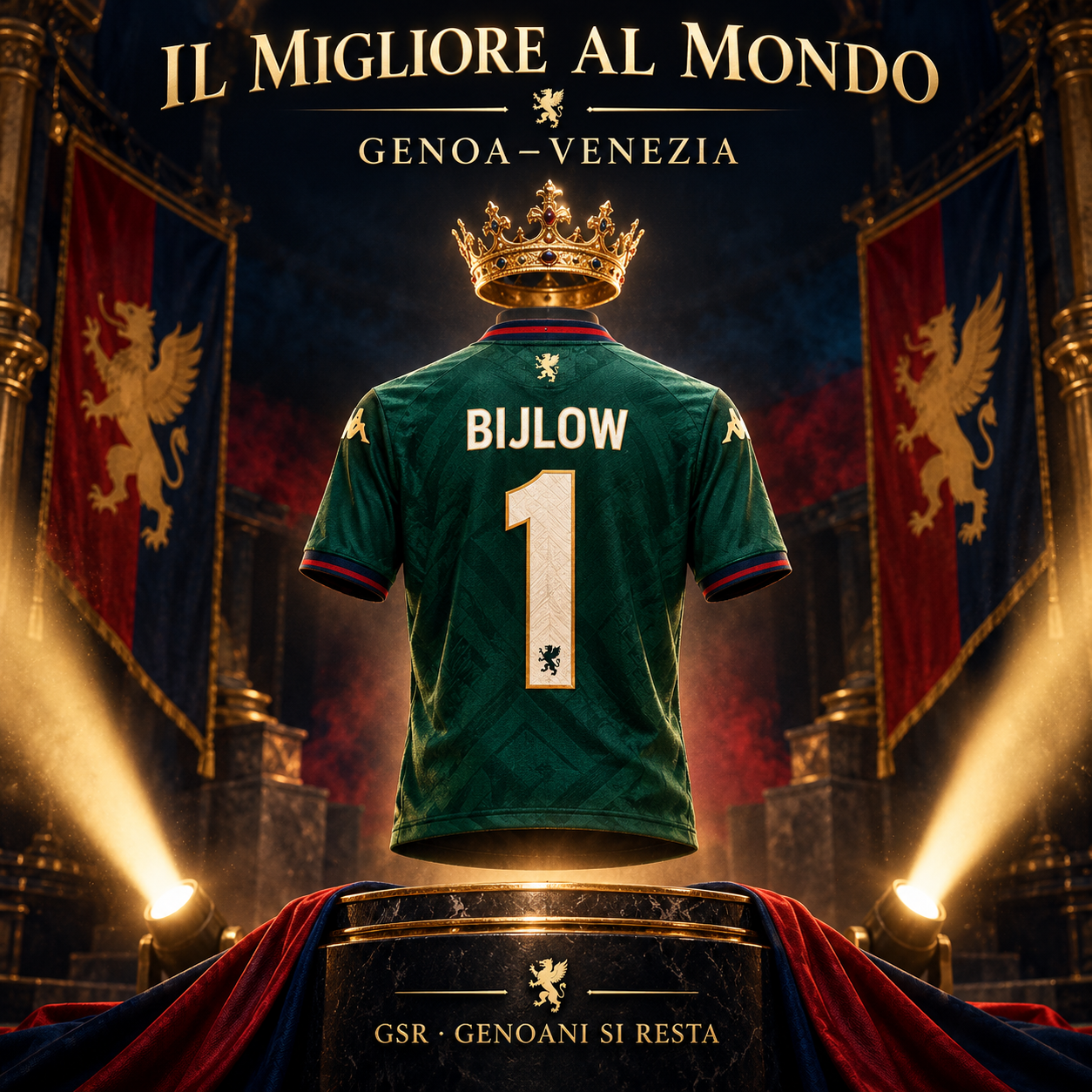 Maglia da portiere numero 1 di Justin Bijlow con corona e fasci di luce, vincitore del sondaggio GSR di Genoa–Venezia